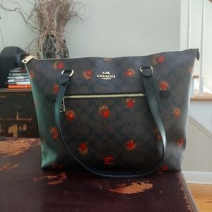 Authen Coach Signature Gallery Tote Canvas Brown Pop Floral Leather Bag Handbag